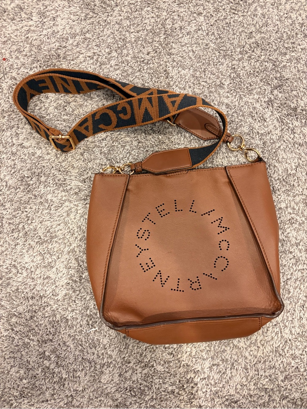 Stella McCartney Brown Faux-Leather Crossbody with Branded Jacquard Strap - Picture 3 of 14